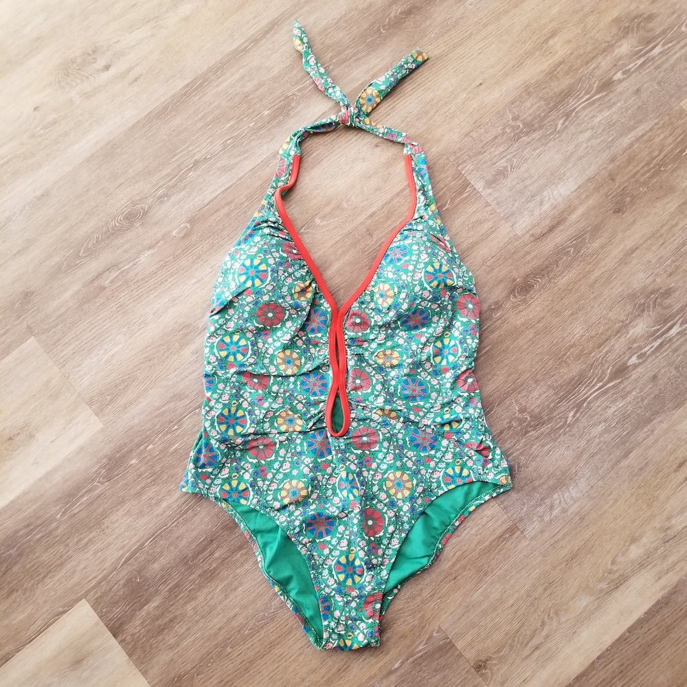 RHODE Green Multicolor Halter One-Piece Swimsuit with Orange Trim - Picture 2 of 9